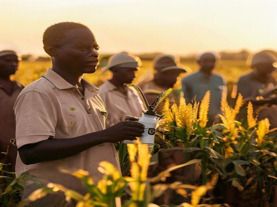 Nigerian farmers participating in a Lionseal field training workshop at golden hour